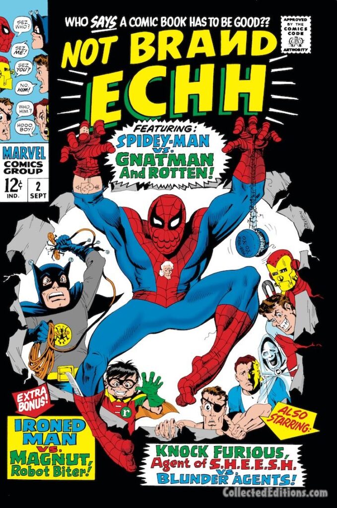 Not Brand Echh #2 cover; pencils and inks, Marie Severin; Spidey-Man vs. Gnatman and Rotten, Ironed Man, Magnut Robot Biter, Knock Furious, Agent of S.H.E.E.S.H., Blunder Agents