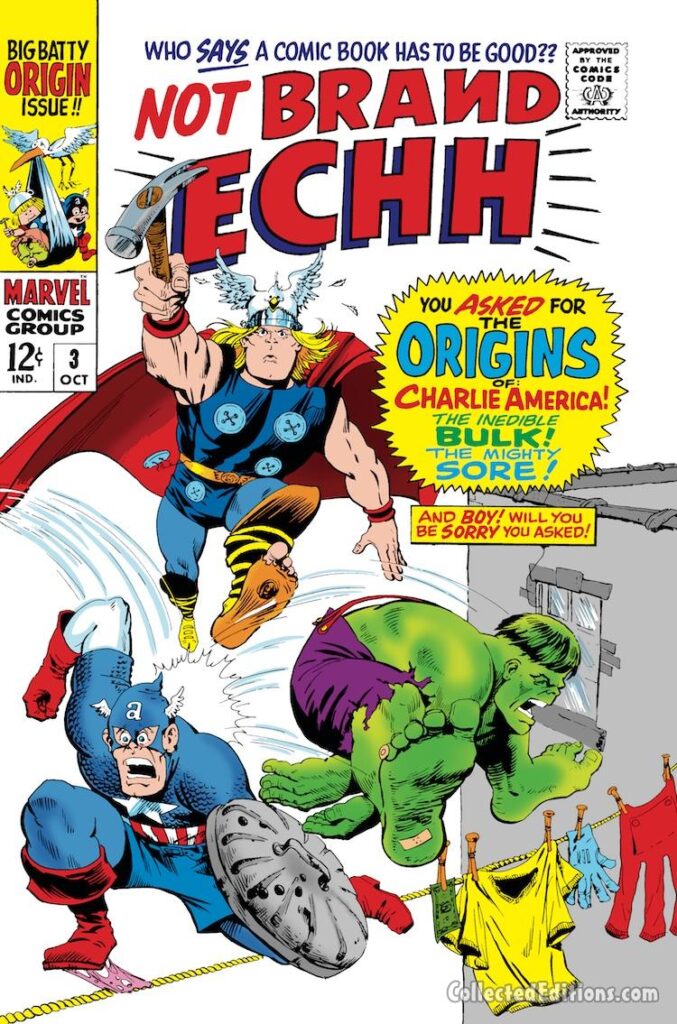 Not Brand Echh #3 cover; pencils and inks, Marie Severin ; Charlie America, Inedible Bulk, Mighty Sore, satire, Marvel Age humor, parody