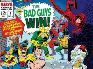 Not Brand Echh #4 cover; pencils and inks, Tom Sutton; alterations, Marie Severin ; Scaredevil, Sunk-Mariner, Echss-Men, X-Men, The bad Guys Win, Marvel Age parody, humor, satire