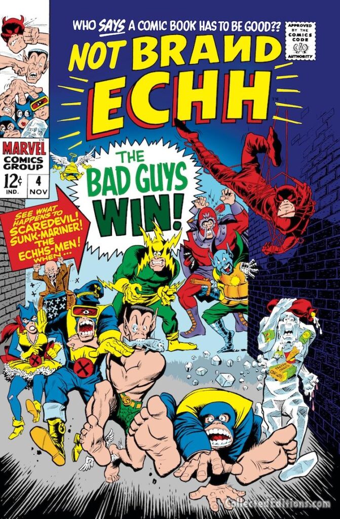 Not Brand Echh #4 cover; pencils and inks, Tom Sutton; alterations, Marie Severin ; Scaredevil, Sunk-Mariner, Echss-Men, X-Men, The bad Guys Win, Marvel Age parody, humor, satire