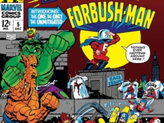 Not Brand Echh #5 cover; pencils and inks, Tom Sutton; alterations, John Romita Sr.; corner box art, Marie Severin; Forbush-Man, Big Peace and Quiet Issue, Marvel Age humor, parody, satire