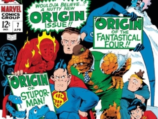 Not Brand Echh #7 cover; pencils and inks, Marie Severin; Origin of the Fantastical Four, Origin Issue, Stupor-Man, Marvel Age parody, satire