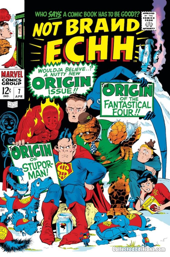Not Brand Echh #7 cover; pencils and inks, Marie Severin; Origin of the Fantastical Four, Origin Issue, Stupor-Man, Marvel Age parody, satire