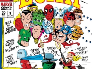 Not Brand Echh #9 cover; pencils and inks, Marie Severin; Captain Marvin vs. the Scent-ry, Bulk vs. Sunk-Mariner, Irving Forbush, Boney and Claude, Marvel Age humor and satire, Who Says a Comic Book Has to Be Good?