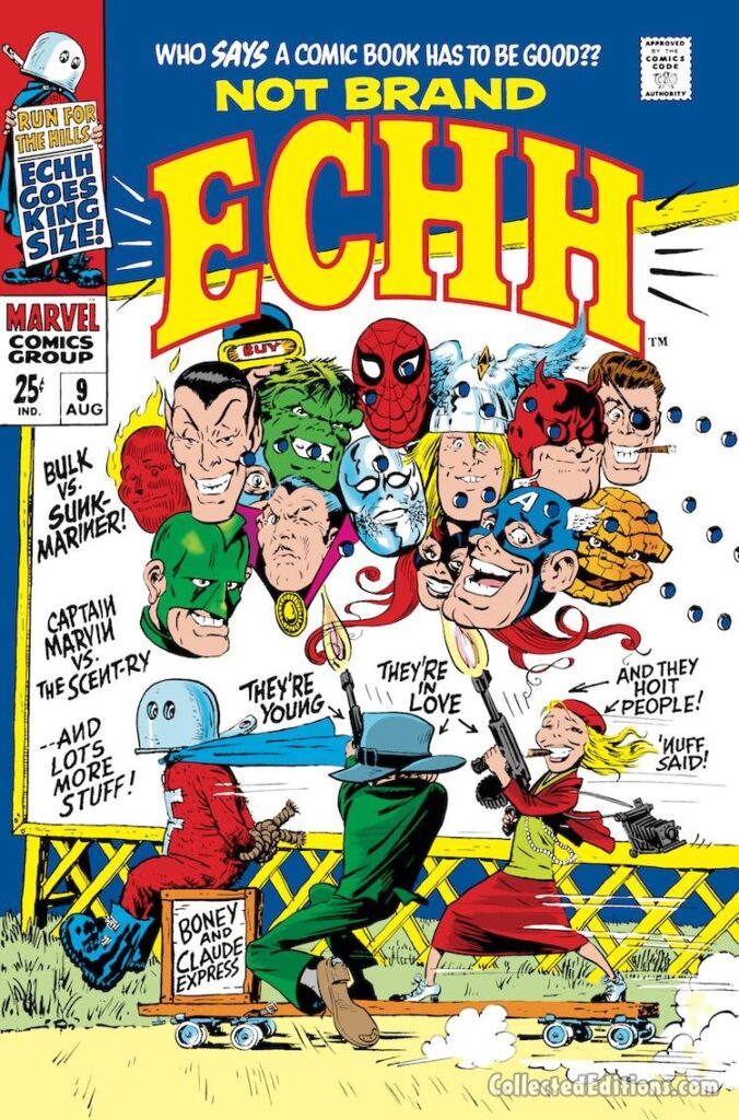 Not Brand Echh #9 cover; pencils and inks, Marie Severin; Captain Marvin vs. the Scent-ry, Bulk vs. Sunk-Mariner, Irving Forbush, Boney and Claude, Marvel Age humor and satire, Who Says a Comic Book Has to Be Good?