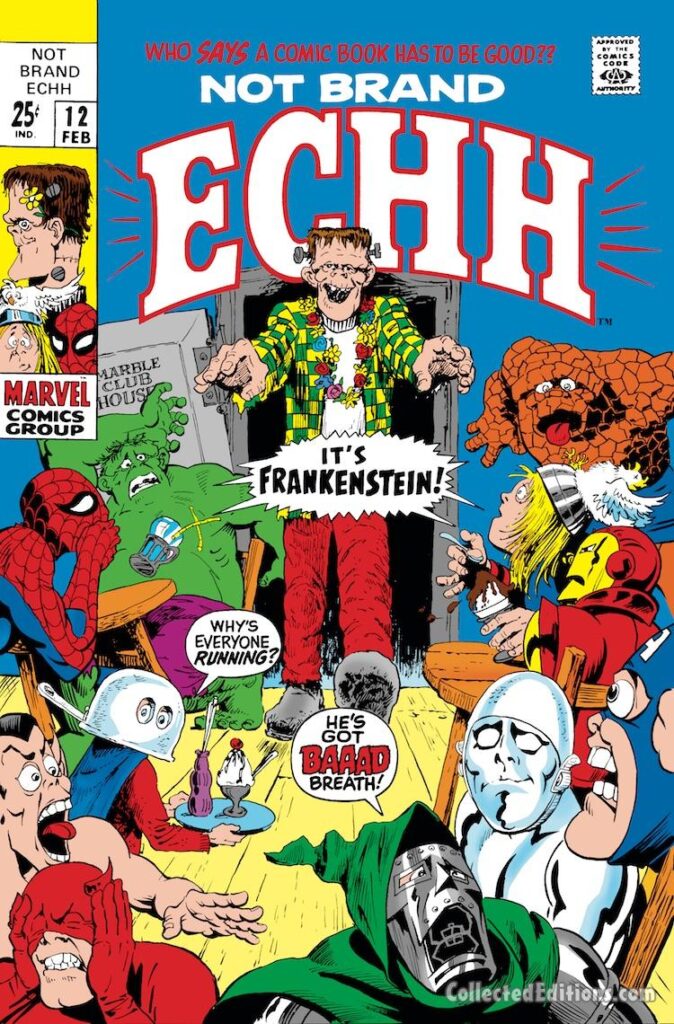 Not Brand Echh #12 cover; pencils and inks, Marie Severin; Frankenstein, Silver Burper, Marble Club House, Marvel Age humor