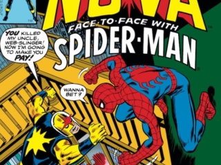 Nova #12 cover; pencils, John Buscema; inks, Frank Giacoia; alterations, John Romita Sr.; Spider-Man team-up/Photon