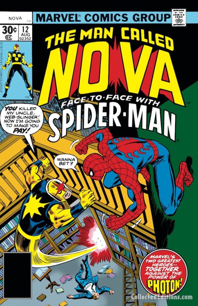 Nova #12 cover; pencils, John Buscema; Spider-Man team-up/Photon