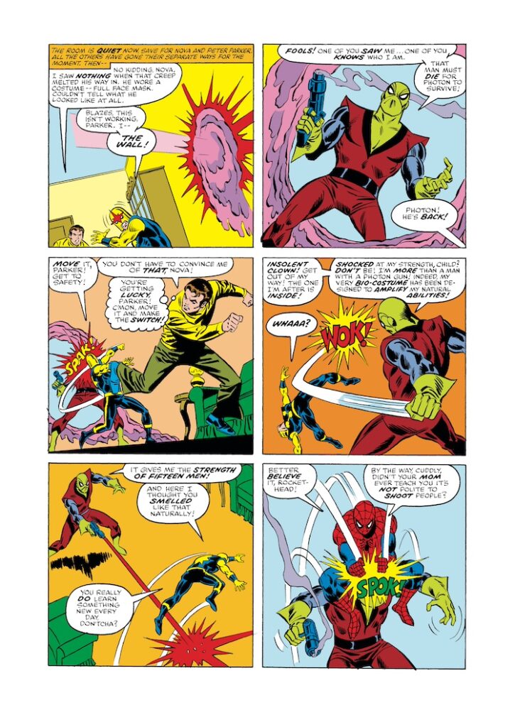 Nova #12, pg. 12; layouts, Sal Buscema; pencils and inks, Frank Giacoia; Amazing Spider-Man crossover, photon