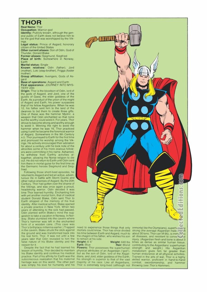 Official Handbook of the Marvel Universe (1983) #11, pg. 13. Thor entry, art by Walter Simonson