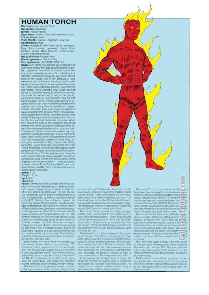 The Official Handbook of the Marvel Universe #5, pg. 14, Human Torch entry; OHOTMU