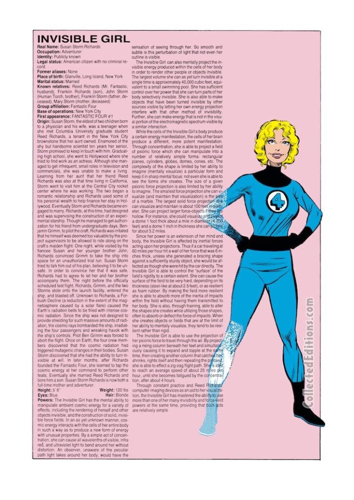 The Official Handbook of the Marvel Universe #5, pg. 25, Invisible Girl entry; OHOTMU