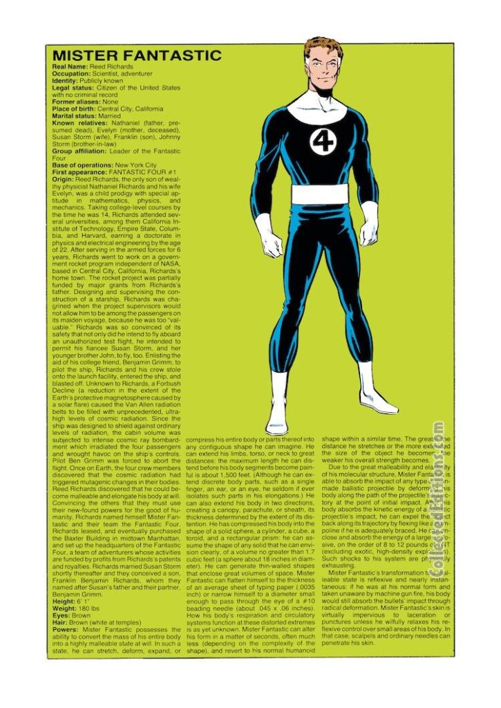 The Official Handbook of the Marvel Universe #7, pg. 15, Mister Fantastic entry; OHOTMU