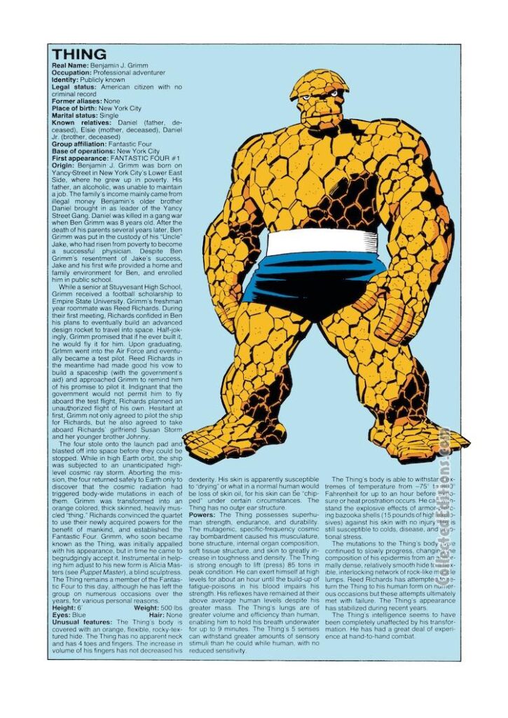 The Official Handbook of the Marvel Universe #11, pg. 12, Thing entry; OHOTMU
