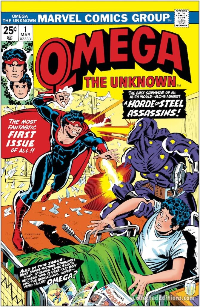 Omega the Unknown #1 cover; pencils, Ed Hannigan; inks, Joe Sinnott; Most Fantastic First Issue Of All, A Horde of Steel Assassins, James Michael Starling