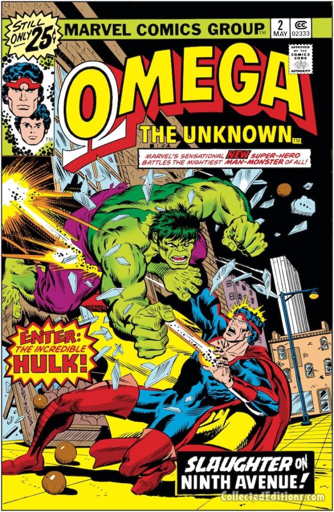 Omega the Unknown #2 cover; pencils, Rich Buckler; inks, Al Milgrom; Slaughter on Ninth Avenue, Enter: The Incredible Hulk