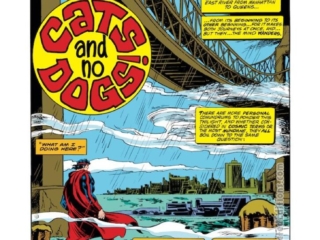 Omega the Unknown #4, pg. 1; pencils, Jim Mooney; inks, Pablo Marcos; Cats and No Dogs; splash page; Steve Gerber, Mary Skrenes, 59th Street Bridge, New York City