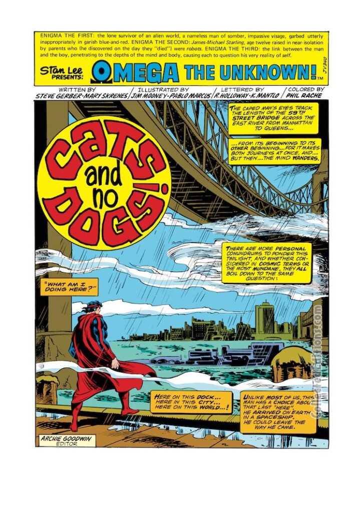 Omega the Unknown #4, pg. 1; pencils, Jim Mooney; inks, Pablo Marcos; Cats and No Dogs; splash page; Steve Gerber, Mary Skrenes, 59th Street Bridge, New York City