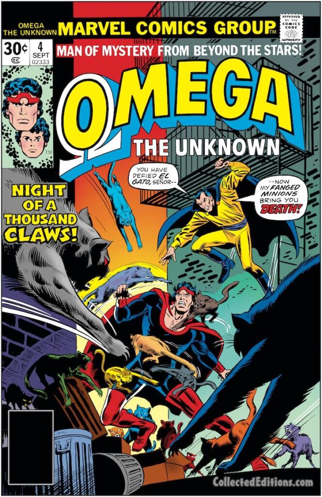 Omega the Unknown #4 cover; pencils, Howard Chaykin; inks, Frank Giacoia; Night of a Thousand Claws, El Gato, Fanged Minions