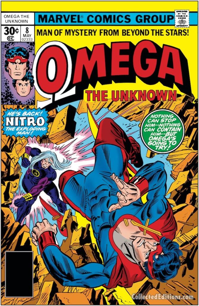 Omega the Unknown #8 cover; pencils, Gil Kane; inks, Frank Giacoia; Nitro the Exploding Man