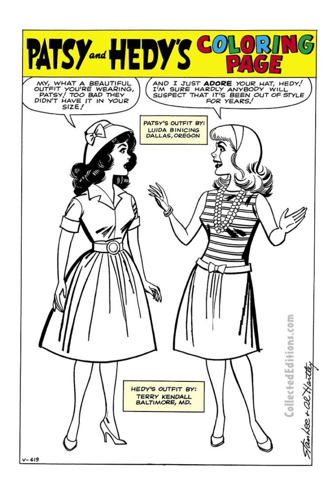 Patsy and Hedy #79; “Patsy and Hedy’s Coloring Page”, pg. 18; pencils and inks, Al Hartley; coloring book, Hedy Wolfe, Patsy Walker, Terry Kendall, Baltimore, Maryland, Luida Binicing, Dallas, Oregon