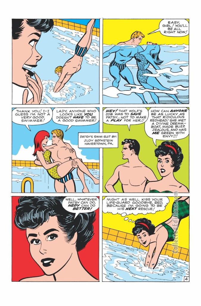 Patsy and Hedy #84. “In the Swim with Hedy”, pg. 5; pencils and inks, Al Hartley; lifeguard, Hedy Wolfe, Patsy Walker, Buzz