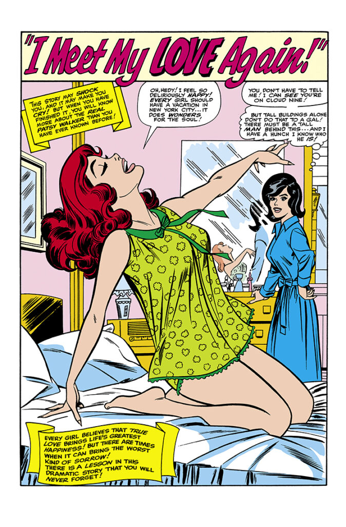 Patsy and Hedy #101. “I Meet My Love Again!”, pg. 1; pencils, Al Hartley; inks, uncredited; Patsy Walker, Hedy Wolfe