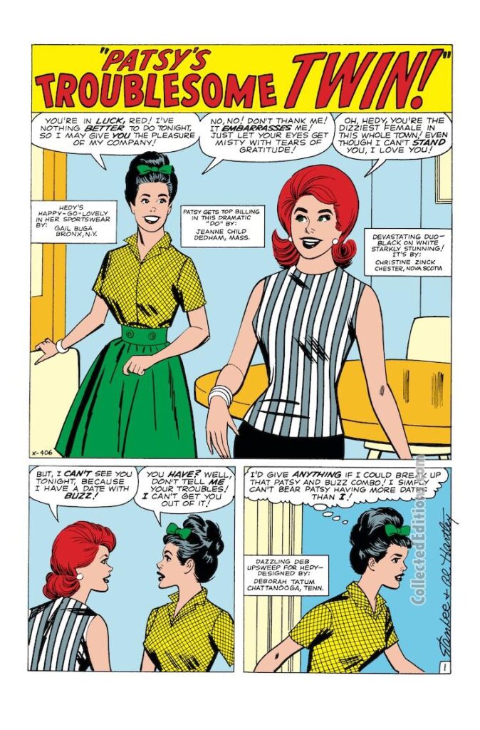 Patsy Walker #109. “Patsy’s Troublesome Twin”, pg. 1; pencils and inks, Al Hartley; Gail Buga, Bronx, NY; Jeanne Child, Dedham, MA; Christine Zinck, Chester, Nova Scotia, Canada; Deborah Tatum, Chattanooga, TN, Hedy Wolfe