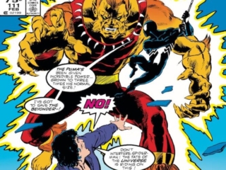 Spectacular Spider-Man #111 cover; pencils and inks, Rich Buckler; black costume, secret Wars II, Beyonder, Puma, crossover, and then the gods cried