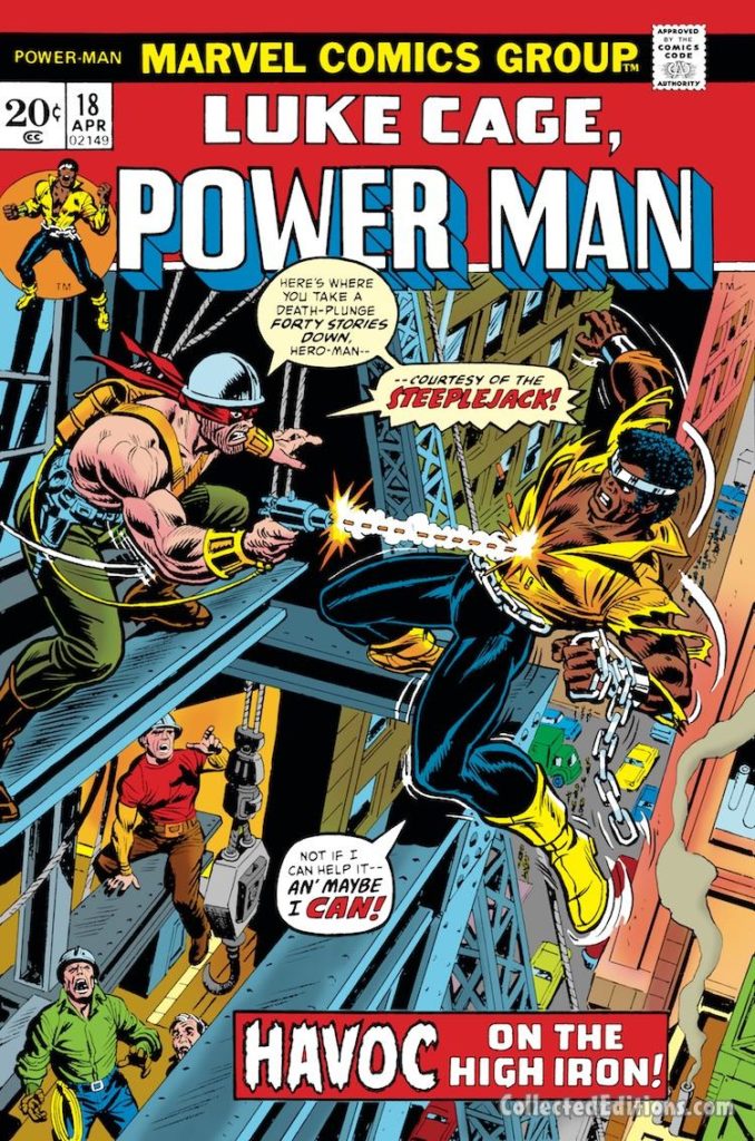 Power Man #18 cover; pencils, Gil Kane; inks, John Romita Sr.; Luke Cage/Steeplejack