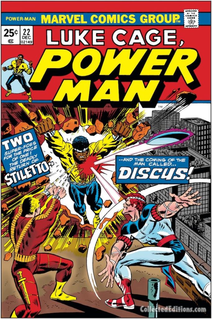 Power Man #22 cover; pencils, Ron Wilson; inks, Frank Giacoia; Luke Cage/Stiletto/Discus