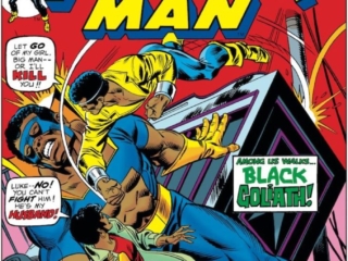 Power Man #24 cover; pencils, Gil Kane; inks, Frank Giacoia; Luke Cage vs. Black Goliath/Bill Foster/Giant-Man
