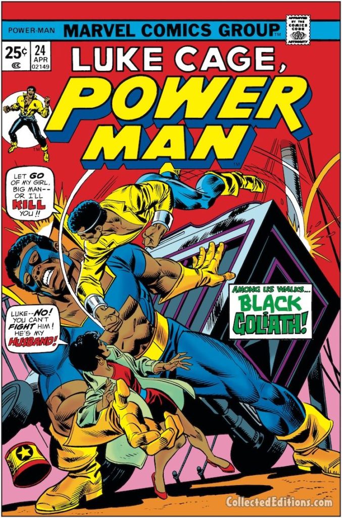 Power Man #24 cover; pencils, Gil Kane; inks, Frank Giacoia; Luke Cage vs. Black Goliath/Bill Foster/Giant-Man