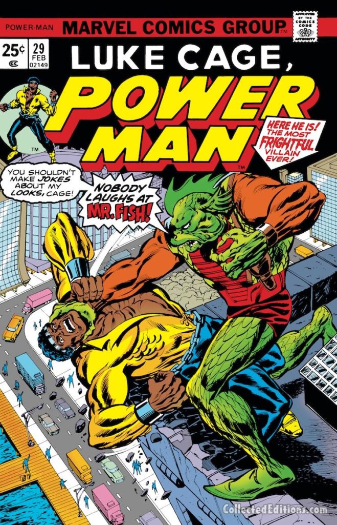 Power Man #29 cover; pencils, Ron Wilson; inks, Tom Palmer; Luke Cage/Mr. Fish