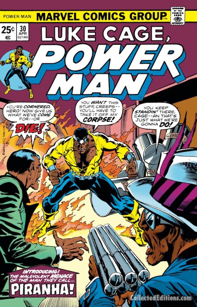 Power Man #30 cover; pencils, Rich Buckler; inks, Klaus Janson; Luke Cage/Piranha