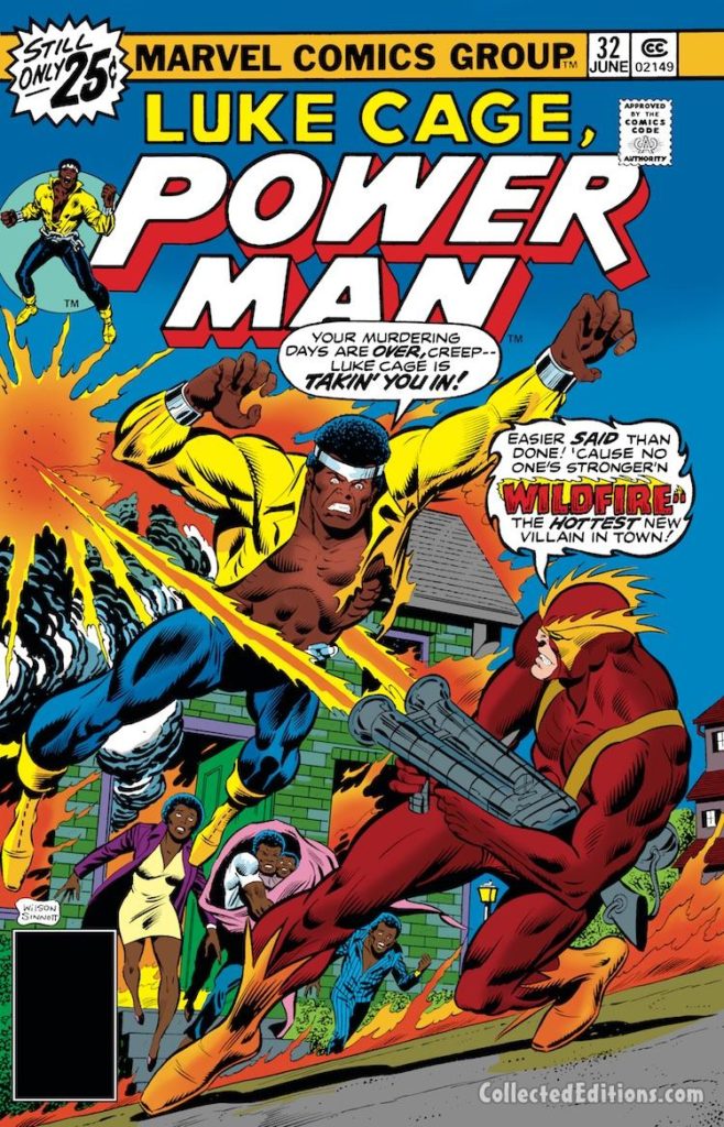 Power Man #32 cover; pencils, Ron Wilson; inks, Joe Sinnott; Luke Cage/Wildfire
