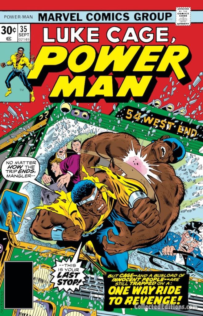 Power Man #35 cover; pencils, Marie Severin; inks, Dan Adkins; Luke Cage/Mangler