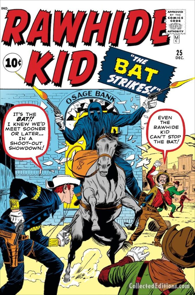 Rawhide Kid #25 cover; pencils, Jack Kirby; inks, Dick Ayers; The Bat, Osage Bank, costumed Western supervillain, Marvel August 1961 Omnibus