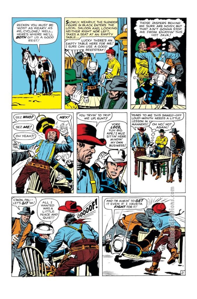 Rawhide Kid #30. “Riot in Railtown!”, pg. 2; pencils and inks, Jack Kirby; inks, Dick Ayers; Cyclone, horse, Loco, barroom brawl