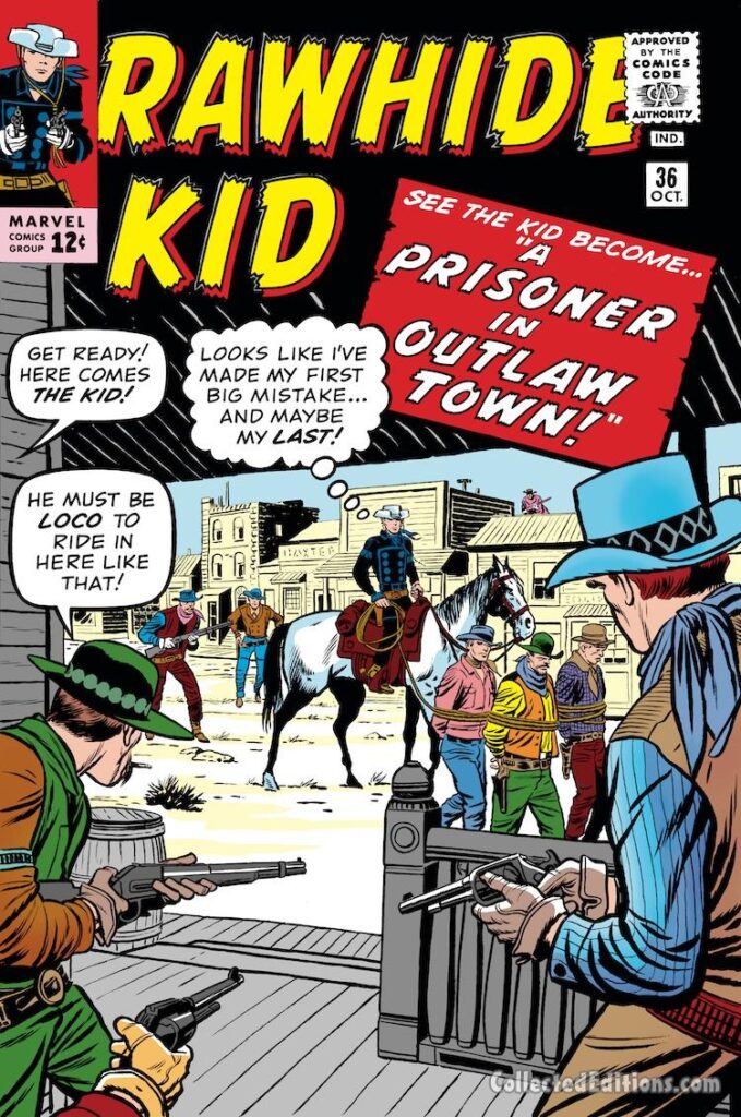 Rawhide Kid #36 cover; pencils, Jack Kirby; inks, Dick Ayers; A Prisoner in Outlaw Town