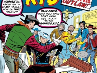 Rawhide Kid #18 cover; pencils, Jack Kirby; inks, Dick Ayers; The Legend of the Rawhide Kid, Outlaw; Wolf Waco; Guns Roar When Wolf Waco Strikes; Marvel Age Western