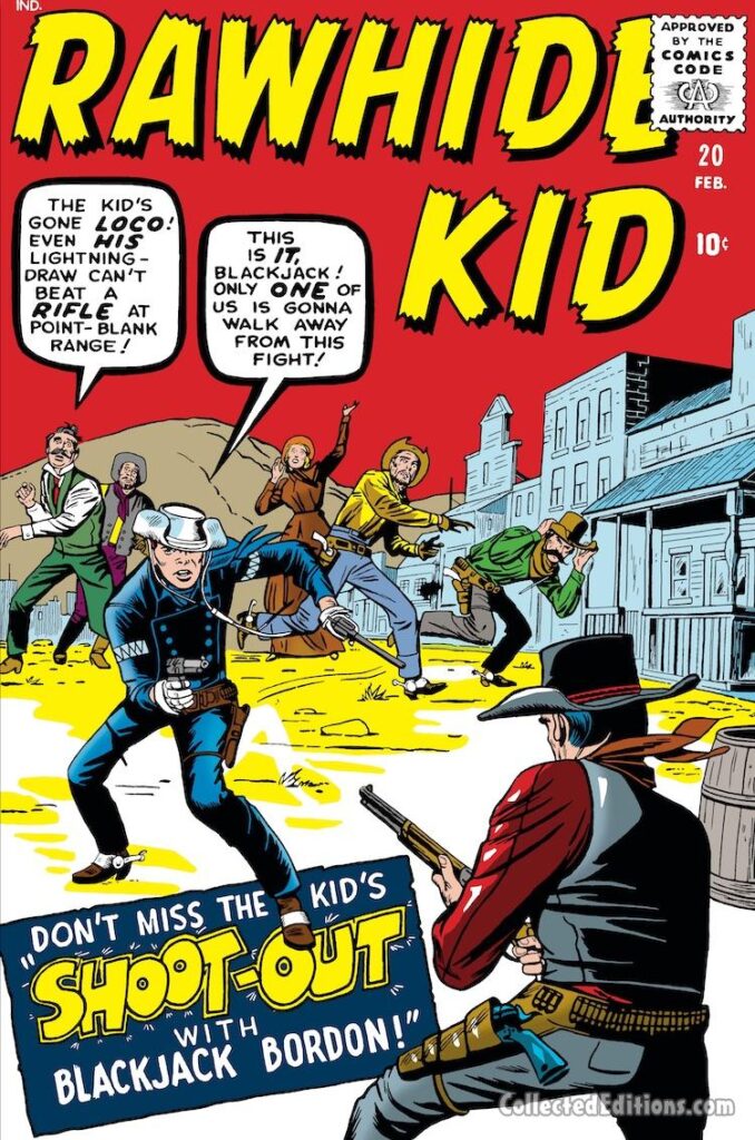 Rawhide Kid #20 cover; pencils, Jack Kirby; inks, Dick Ayers; Shoot-Out with Blackjack Bordon
