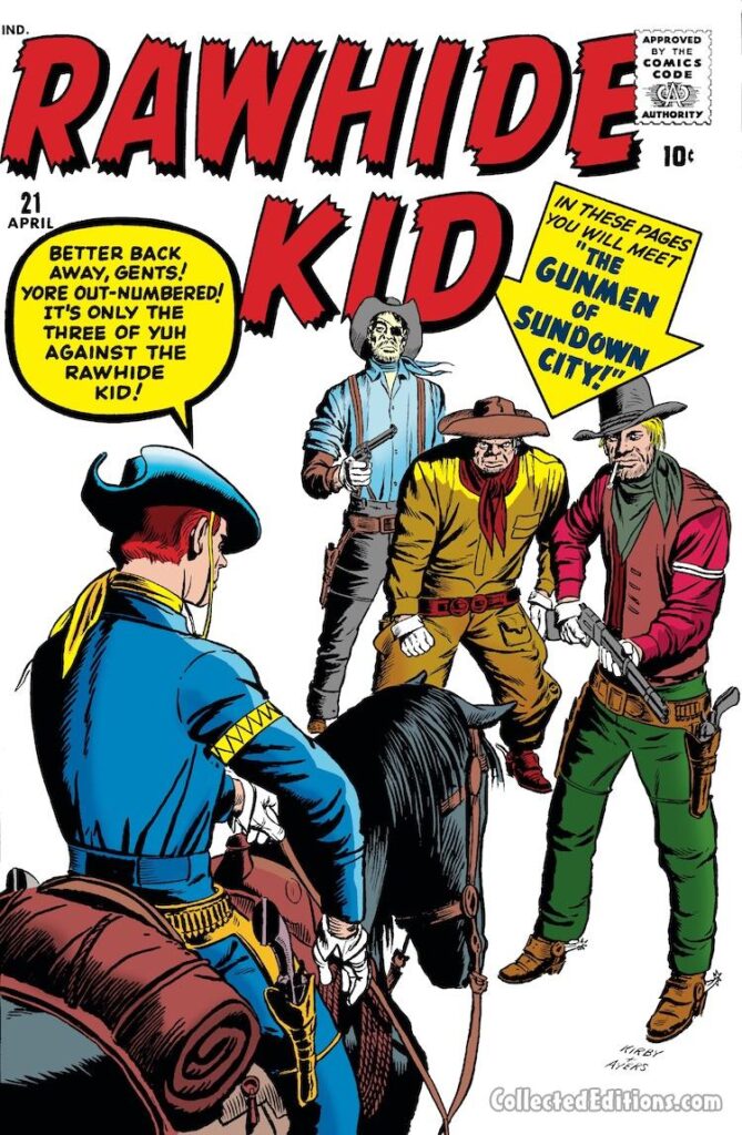 Rawhide Kid #21 cover; pencils, Jack Kirby; inks, Dick Ayers; The Gunmen of Sundown City