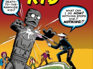 Rawhide Kid #22 cover; pencils, Jack Kirby; inks, Dick Ayers; Beware the Terrible Totem, Atlas Monsters, Marvel Western, Native American