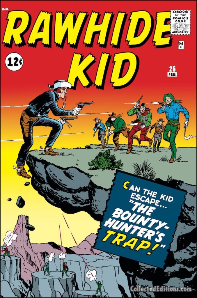 Rawhide Kid #26 cover; pencils, Jack Kirby; inks, Dick Ayers; The Bounty Hunter's Trap, Marvel Age Western, cowboys