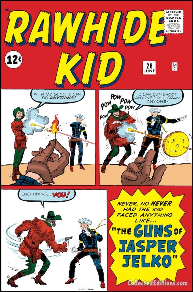 Rawhide Kid #28 cover; pencils, Jack Kirby; inks, Dick Ayers; The Guns of Jasper Jelko, sharpshooting, Marvel Age of Comics