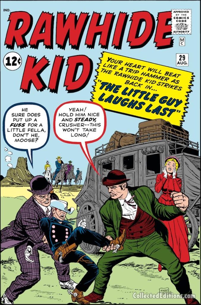 Rawhide Kid #29 cover; pencils, Jack Kirby; inks, Dick Ayers; The Little Guy Laughs Last, Moose, Crusher, stagecoach robbery