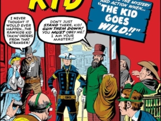 Rawhide Kid #30 cover; pencils, Jack Kirby; inks, Dick Ayers; The Kid Goes Wild!, Western saloon gunfight
