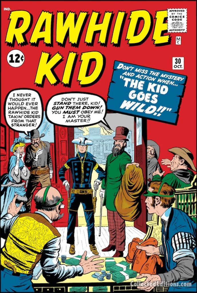 Rawhide Kid #30 cover; pencils, Jack Kirby; inks, Dick Ayers; The Kid Goes Wild!, Western saloon gunfight