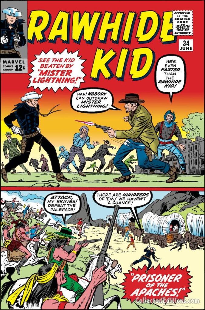 Rawhide Kid #34 cover; pencils, Jack Kirby; inks, Dick Ayers; Mister Lightning, Prisoner of the Apaches, Apache indiann tribe